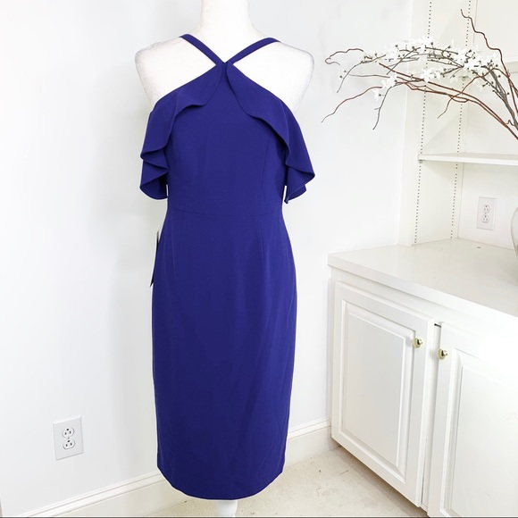 BCBGMaxAzria Elise cold shoulder Ruffle dress Blue - Picture 4 of 12